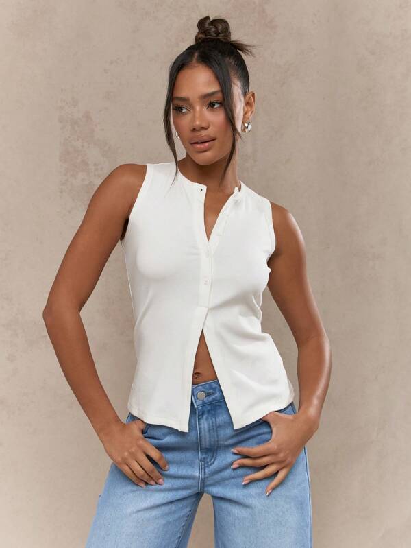 missguided MISSGUIDED Music Festival Button Down Sleeveless Tank Top