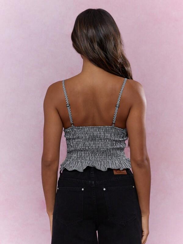 Missguided MISSGUIDED Music Festival Gingham Print Plunge Neck Thin Strap Cami Ruched Top