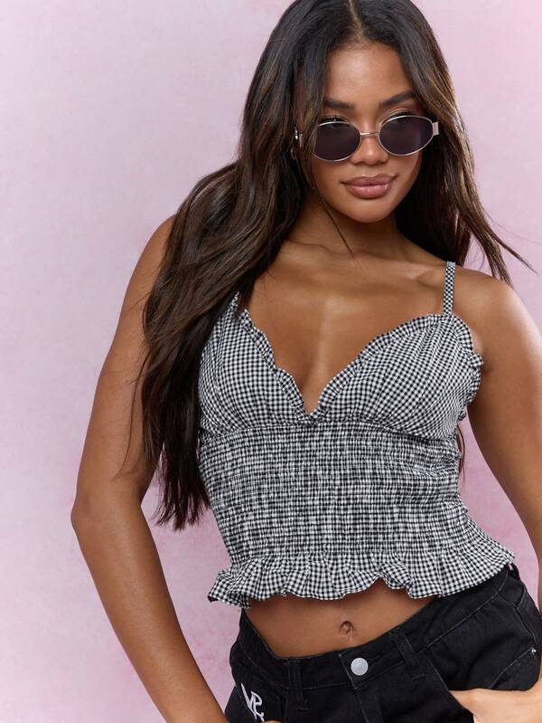 Missguided MISSGUIDED Music Festival Gingham Print Plunge Neck Thin Strap Cami Ruched Top