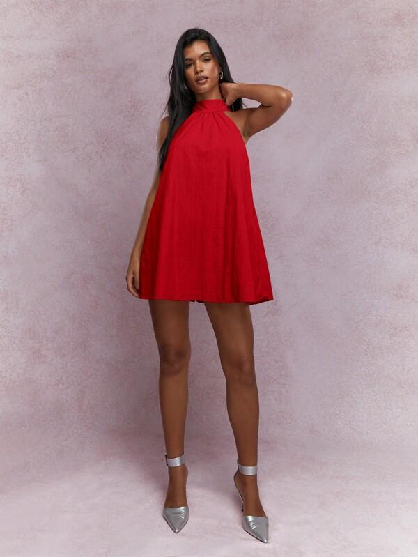 Missguided MISSGUIDED Music Festival Halter Neck Textured A Line Mini Dress Cute Sundress