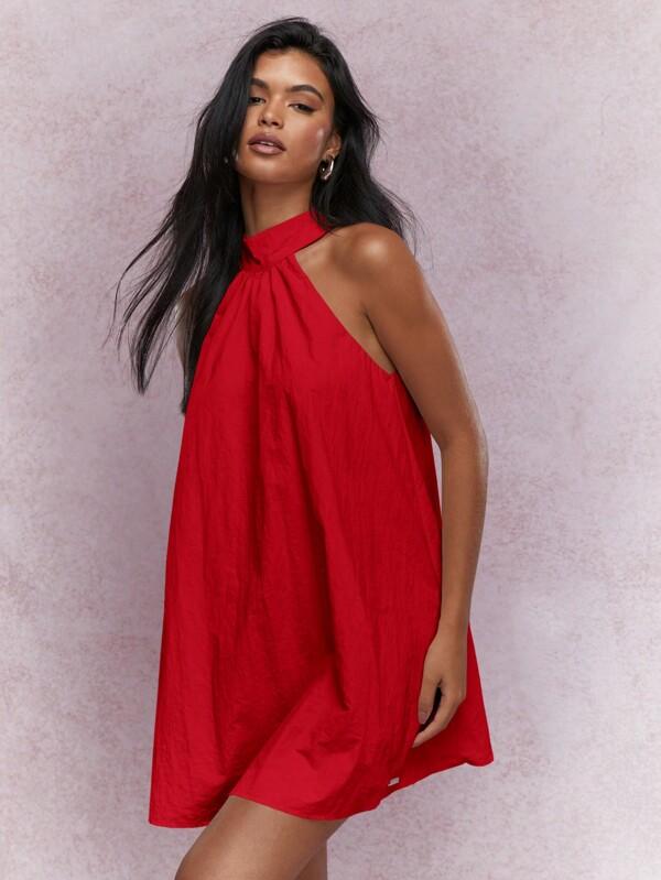 missguided MISSGUIDED Music Festival Halter Neck Textured A Line Mini Dress Cute Sundress