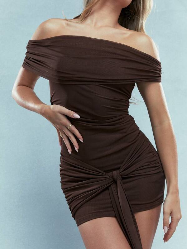 Missguided MISSGUIDED Music Festival Knot Detailed Waist Ruched Bardot Bodycon Mini Dress Cute Sundress