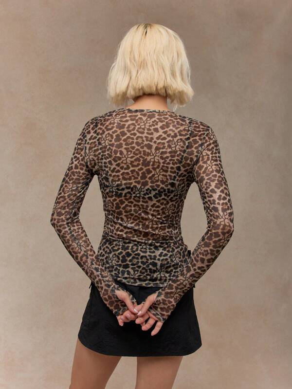 Missguided MISSGUIDED Music Festival Logo Leopard Self Print Sheer Long Sleeve Top