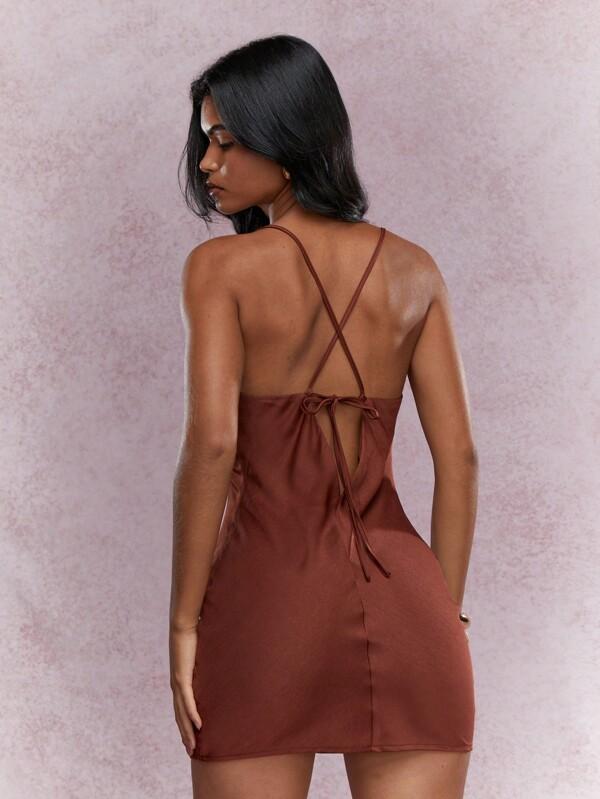 Missguided MISSGUIDED Music Festival Satin Cowl Neck Backless Cami Mini Dress Cute Sundress