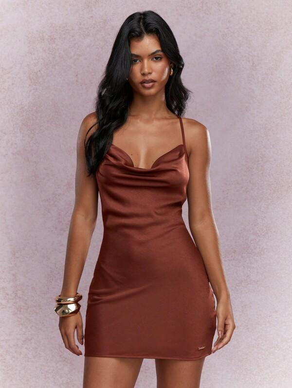 missguided MISSGUIDED Music Festival Satin Cowl Neck Backless Cami Mini Dress Cute Sundress