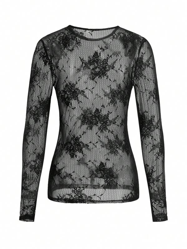 Missguided MISSGUIDED Music Festival Sheer Lace Long Sleeve Top