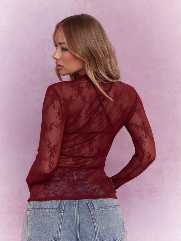 Missguided MISSGUIDED Music Festival Sheer Lace Polo Neck Long Sleeves Top