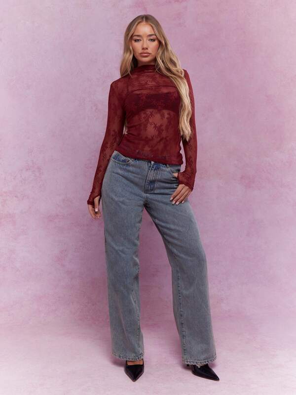 Missguided MISSGUIDED Music Festival Sheer Lace Polo Neck Long Sleeves Top