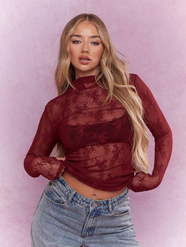 missguided MISSGUIDED Music Festival Sheer Lace Polo Neck Long Sleeves Top
