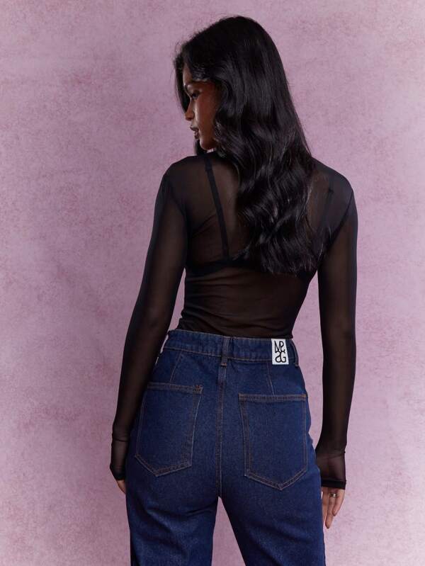 Missguided MISSGUIDED Music Festival Sheer Long Sleeve Thumb Hole Fitted Top