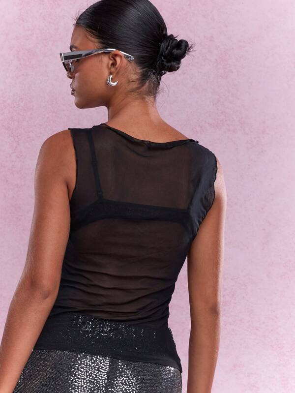 Missguided MISSGUIDED Music Festival Sheer Mesh Cowl Neck Sleeveless Top