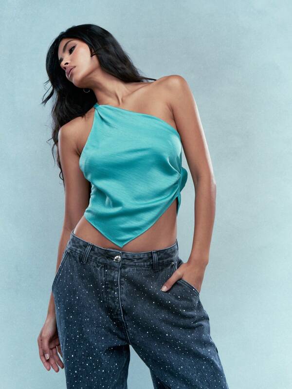 missguided MISSGUIDED Music Festival St. Patrick's Day Luck One Shoulder Asymmetric Crop Top Irish-Themed Party Sleeveless Summer Beach Holiday Festival Stylish Gaelic-Inspired Blouse