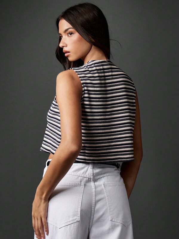 Missguided MISSGUIDED Nautical Retro Ribbed Striped Casual Crop Sleeveless Button Front Tank Top