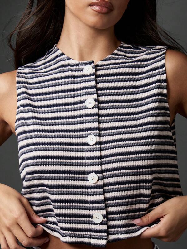 missguided MISSGUIDED Nautical Retro Ribbed Striped Casual Crop Sleeveless Button Front Tank Top