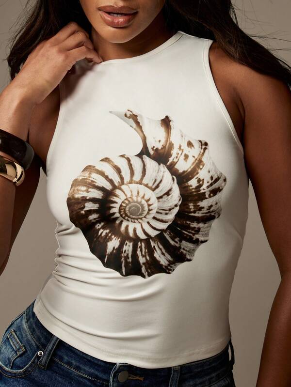 missguided MISSGUIDED Nautical Shell Print Sleeveless Tank Top