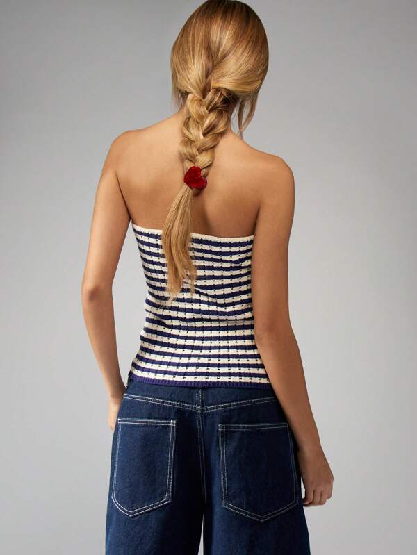 Missguided MISSGUIDED Nautical Stripe Crochet Knit Bandeau Sweater With Front Bow Detail