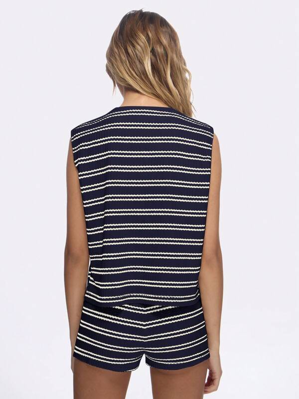 Missguided MISSGUIDED Nautical Striped Button Down Sleeveless Top Shorts Two Piece Set