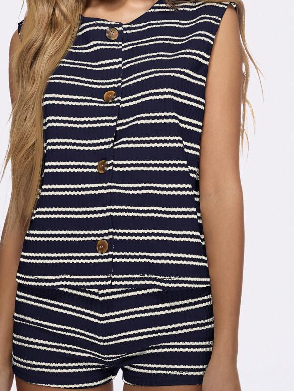 Missguided MISSGUIDED Nautical Striped Button Down Sleeveless Top Shorts Two Piece Set
