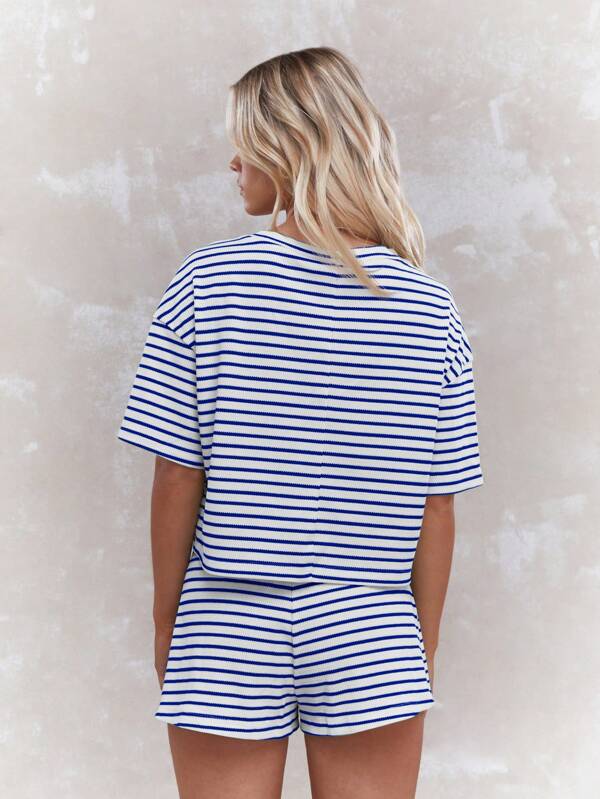 Missguided MISSGUIDED Nautical Striped Two Piece T Shirt Mini Shorts Set
