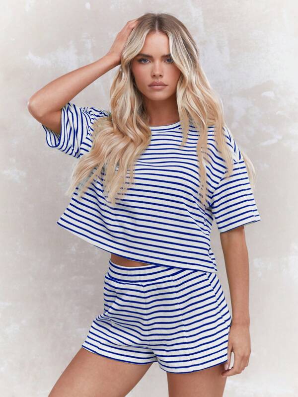 missguided MISSGUIDED Nautical Striped Two Piece T Shirt Mini Shorts Set