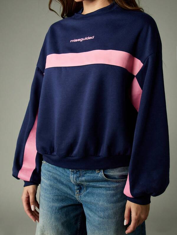Missguided MISSGUIDED Navy Color Block Oversized Crewneck Sweatshirt With Pink Stripes