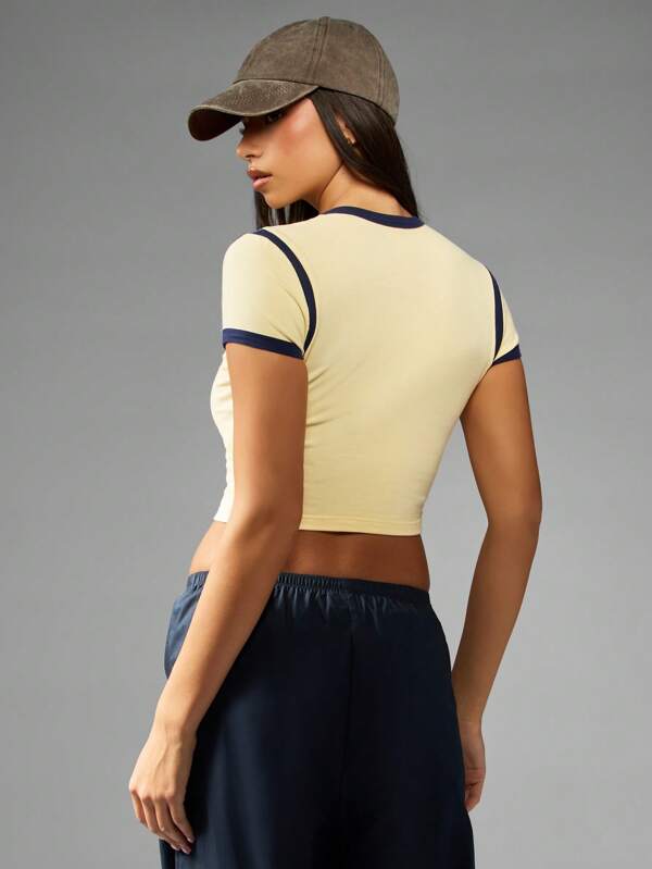 Missguided MISSGUIDED Navy Ringer Baby Tee With Logo Print
