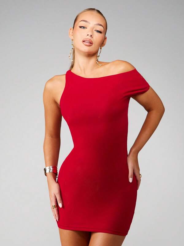 missguided MISSGUIDED Off Shoulder Asymmetrical Bodycon Mini Dress