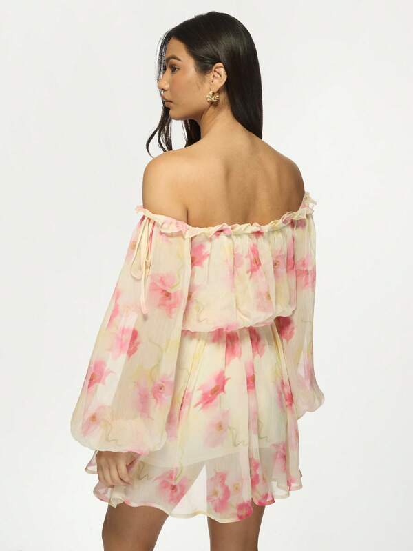 Missguided MISSGUIDED Off Shoulder Balloon Sleeve Floral Watercolor Ruffled Chiffon Mini Dress