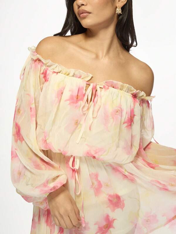 Missguided MISSGUIDED Off Shoulder Balloon Sleeve Floral Watercolor Ruffled Chiffon Mini Dress