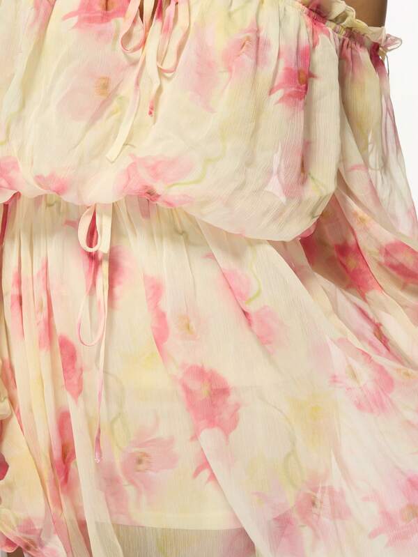 Missguided MISSGUIDED Off Shoulder Balloon Sleeve Floral Watercolor Ruffled Chiffon Mini Dress
