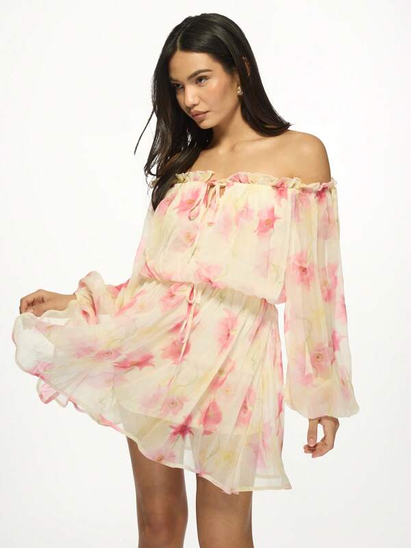 missguided MISSGUIDED Off Shoulder Balloon Sleeve Floral Watercolor Ruffled Chiffon Mini Dress