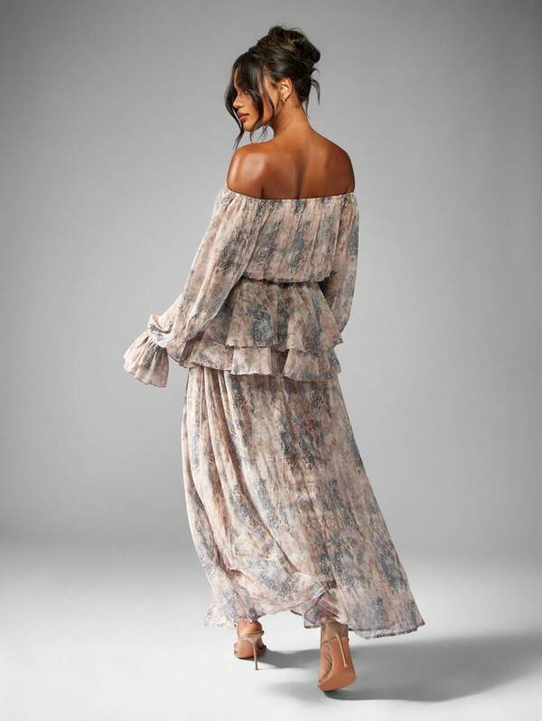 Missguided MISSGUIDED Off Shoulder Balloon Sleeve Flowy Chiffon Maxi Dress With Side Slit