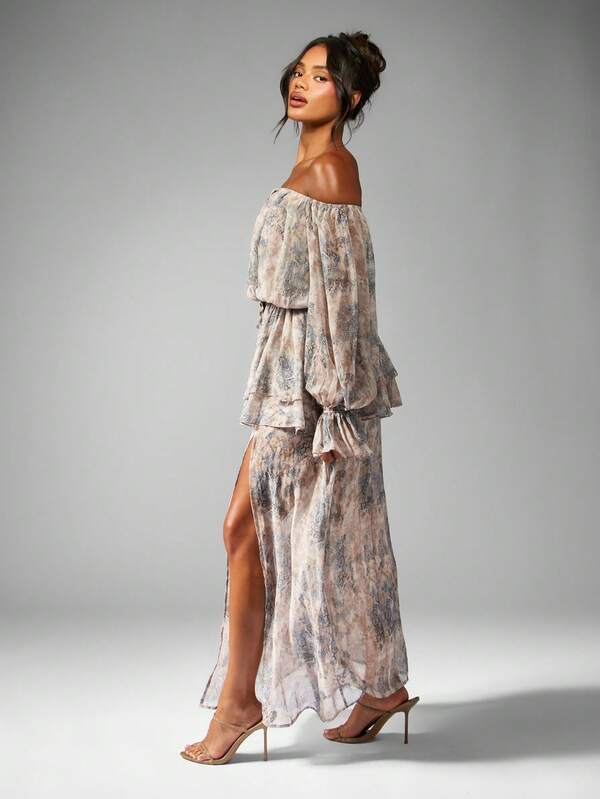 Missguided MISSGUIDED Off Shoulder Balloon Sleeve Flowy Chiffon Maxi Dress With Side Slit