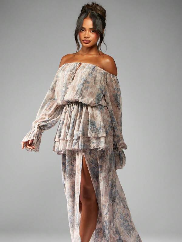 Missguided MISSGUIDED Off Shoulder Balloon Sleeve Flowy Chiffon Maxi Dress With Side Slit