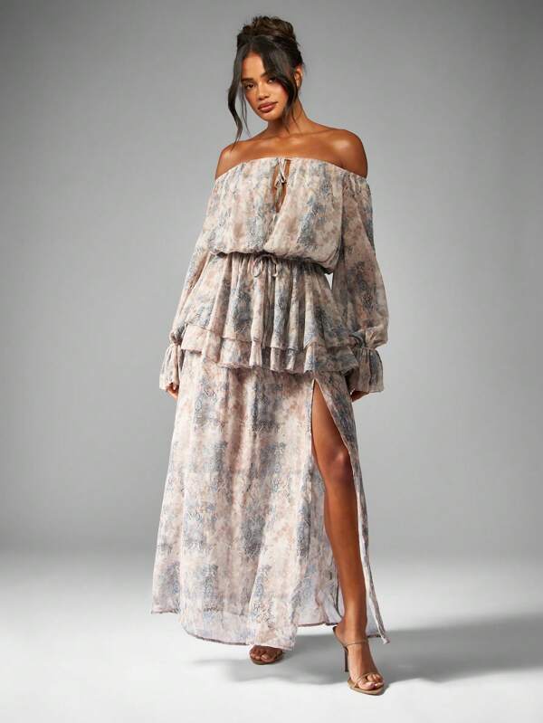 missguided MISSGUIDED Off Shoulder Balloon Sleeve Flowy Chiffon Maxi Dress With Side Slit