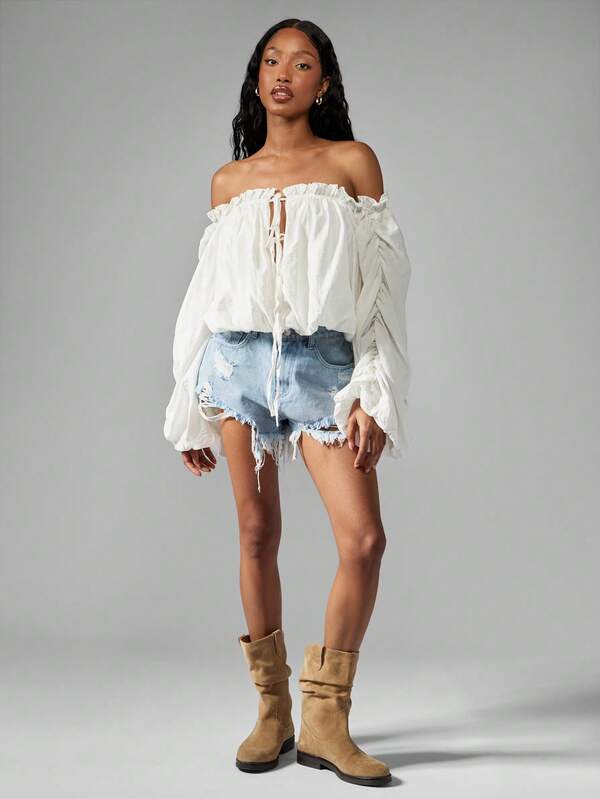 Missguided MISSGUIDED Off Shoulder Balloon Sleeve Peasant Blouse