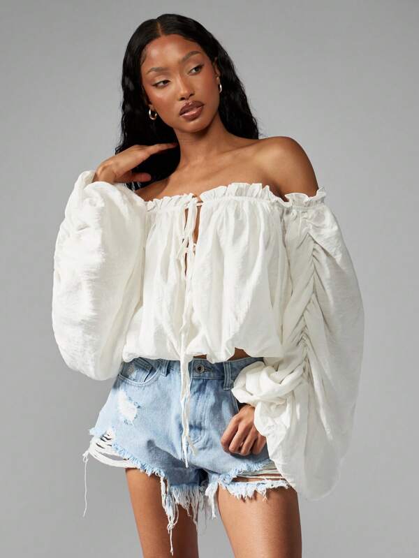 missguided MISSGUIDED Off Shoulder Balloon Sleeve Peasant Blouse
