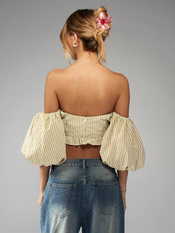 Missguided MISSGUIDED Off Shoulder Balloon Sleeve Ruffle Gingham Top