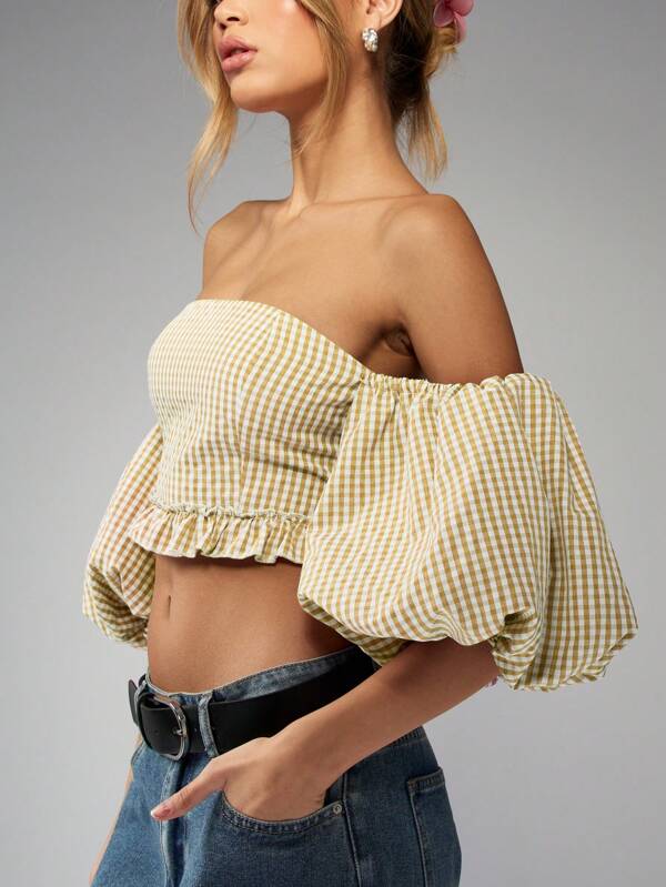 Missguided MISSGUIDED Off Shoulder Balloon Sleeve Ruffle Gingham Top