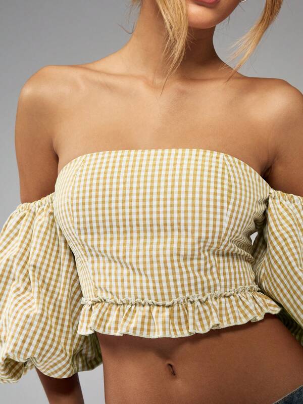 Missguided MISSGUIDED Off Shoulder Balloon Sleeve Ruffle Gingham Top
