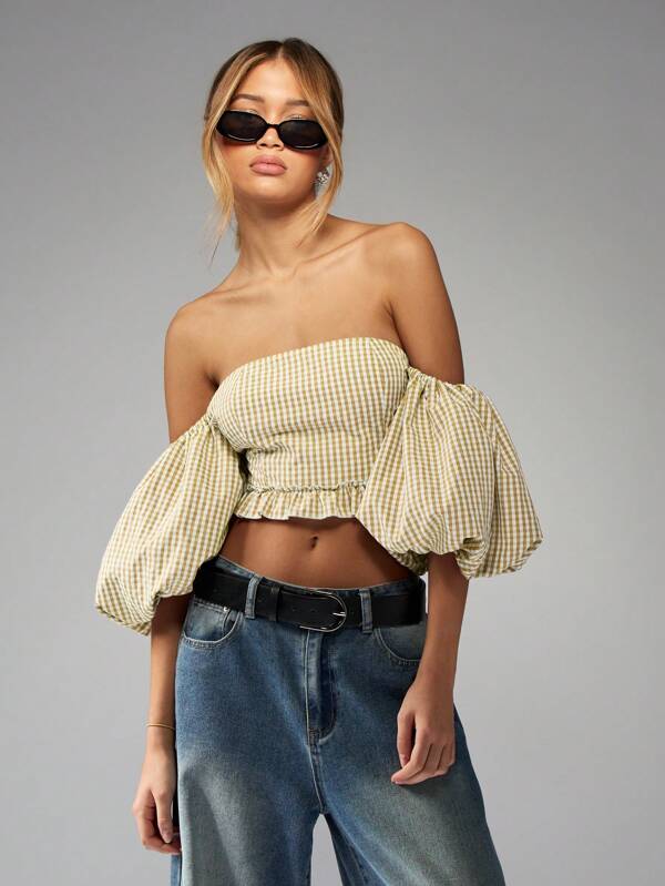 missguided MISSGUIDED Off Shoulder Balloon Sleeve Ruffle Gingham Top