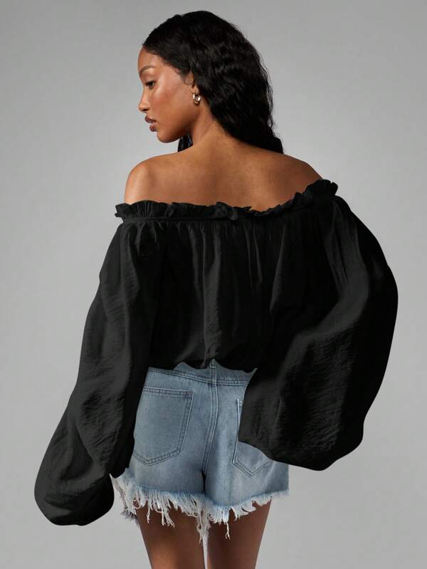 Missguided MISSGUIDED Off Shoulder Balloon Sleeve Ruffle Trim Blouse