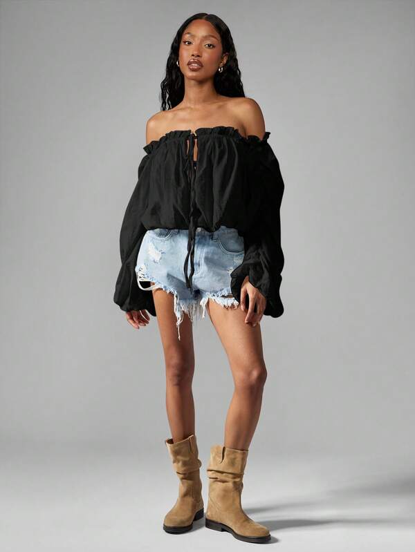 Missguided MISSGUIDED Off Shoulder Balloon Sleeve Ruffle Trim Blouse