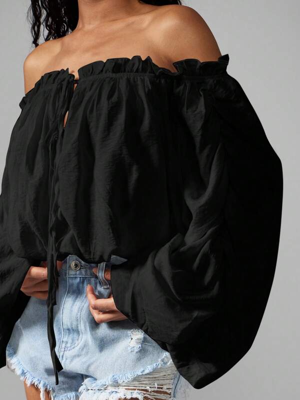 Missguided MISSGUIDED Off Shoulder Balloon Sleeve Ruffle Trim Blouse
