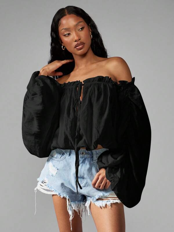 missguided MISSGUIDED Off Shoulder Balloon Sleeve Ruffle Trim Blouse