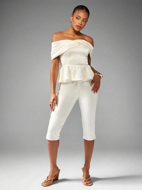 Missguided MISSGUIDED Off Shoulder Bardot Blouse With Peplum Ruffle