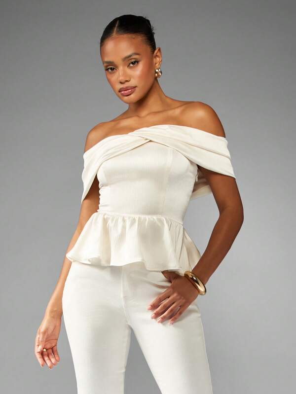 missguided MISSGUIDED Off Shoulder Bardot Blouse With Peplum Ruffle