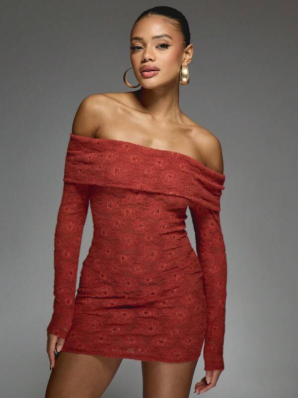 Missguided MISSGUIDED Off-Shoulder Bardot Long Sleeve Slim Fit Short Dress