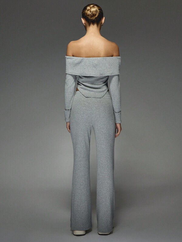 Missguided MISSGUIDED Off-Shoulder Bardot Long Sleeve Slim Fit Top & Flared Trouser Co-Ord Set