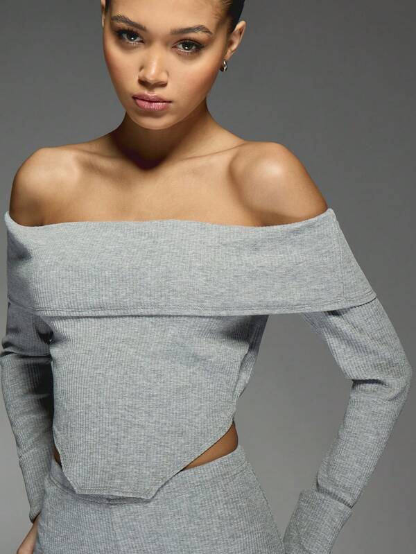 Missguided MISSGUIDED Off-Shoulder Bardot Long Sleeve Slim Fit Top & Flared Trouser Co-Ord Set